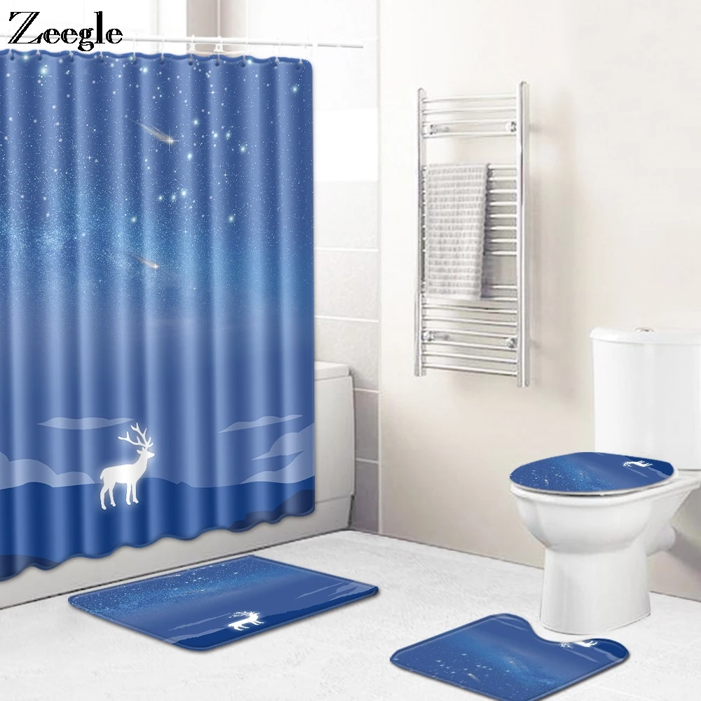 Zeegle Toilet Curtain Bath Mat Set Anti Slip Bathroom Doormat Shower Mat Toilet Seat Cover Flannel Soft Toilet Pedestal Rug Set