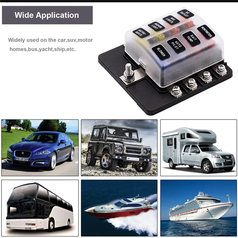 Car Blade Holder Fuse Box 12/10/8/6 Ways Modified Terminal Block Fuse with LED Warning Light for Car Boat Marine Trike 12V 24V