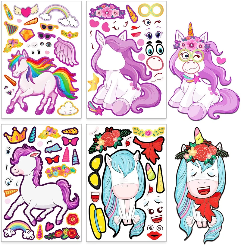 Kids DIY Craft Sticker 4 Sheets Make A Unicorn Face Chidren Girl Boy Birthday Party Gift Assemble Puzzle Sticker Education Toys