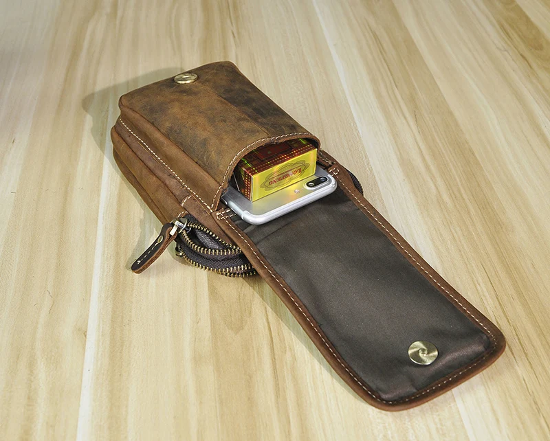 Vintage Crazy Horse Leather Small Summer Hip Bum Pouch Hook Design Cigarette Case 7" Phone Pouch Fanny Waist Pack Belt Bag 1609 waist pack