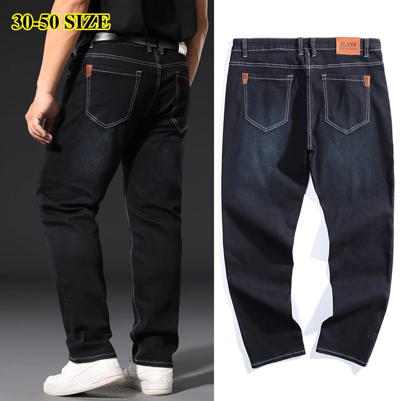 De talla grande 42 44 46 48 50 52 de negocios de los hombres pantalones de estilo clásico recto de Denim Stretch Pantalones Hombre Pantalones de marca Negro Azul