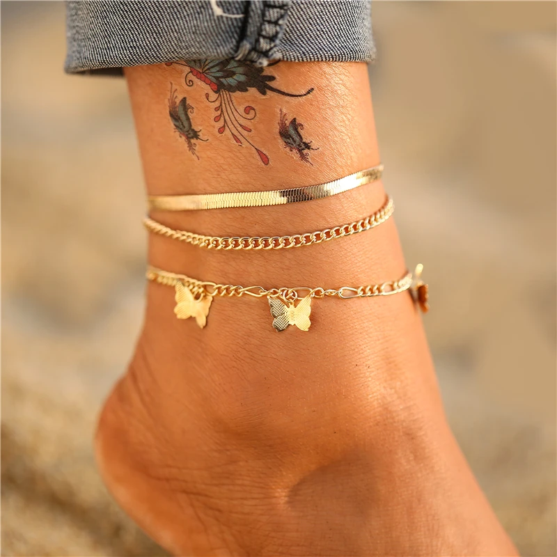 17KM Bohemian Gold Color Butterfly Chain Anklets Set For Women