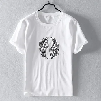 

Chinese Style Crane Embroidery Short Sleeve T-Shirt Men's Casual Cotton Linen Splice Tops Fashion Summer T shirt Y2782