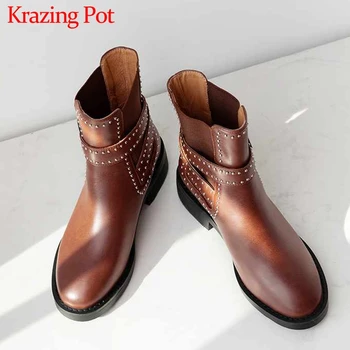 

Krazing Pot British genuine leather rivets buckle straps round toe med heels solid winter keep warm women rock ankle boots L10