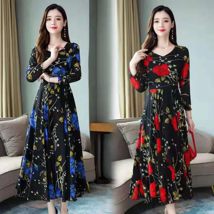 

Hot Selling 2020 Summer New Style Floral-Print Long Skirts Large Size Dress Printed Chiffon Dress Women's