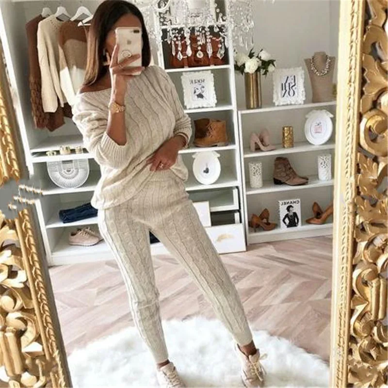 

2020 Autumn Women's arrival Solid 2 Piece Set Casual Knitted Tracksuit Sportswear Warm Sweater + Long Pants Outfits