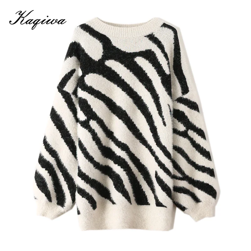New zebra pattern sweater for winter 2020 women's net red lazy style Mohair medium long top knitted pullover | Женская одежда