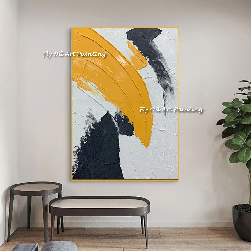 

The White Black Brush Yellow Handmade Modern Oil Painting Abstract Corridor New Porch Wall Art Living Room Decoration Frameless