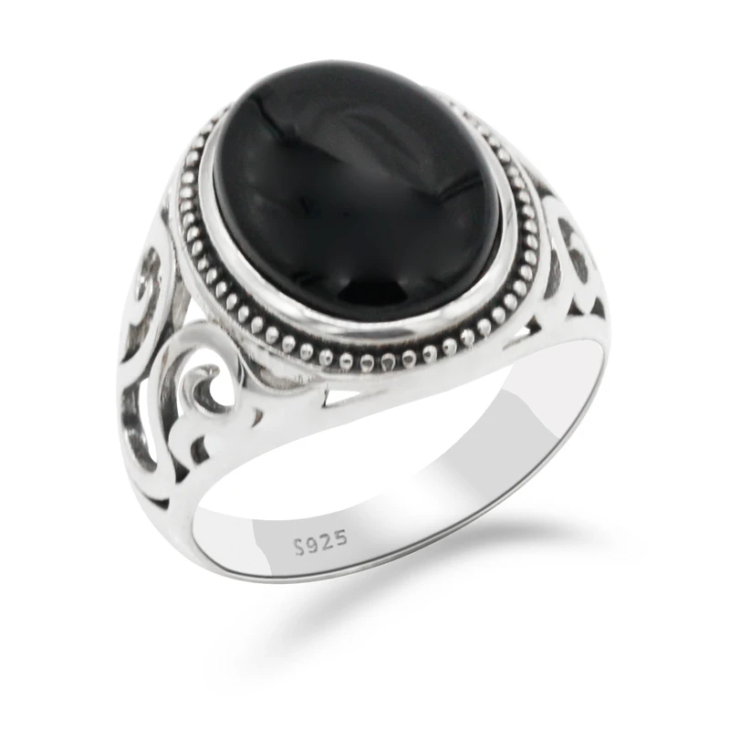 

925 Sterling Silver Men's Ring Black Onyx Stone with Clear CZ Men's Punk Ring High Jewelry