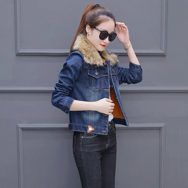 

INS Super Fire 2019 Korean-style Large Fur Collar Thick plus Velvet Slim Fit Slimming Cowboy Short Jacket Women's Fashion a Gene