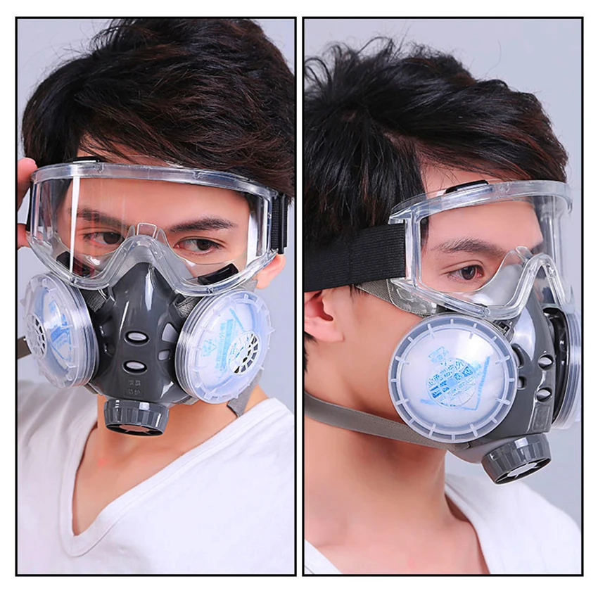 Респиратор маска(плюс защитные очки)-противогаз с 3 фильтром для дыхания защита глаз от пыли, органических паров, химических веществ - Цвет: B