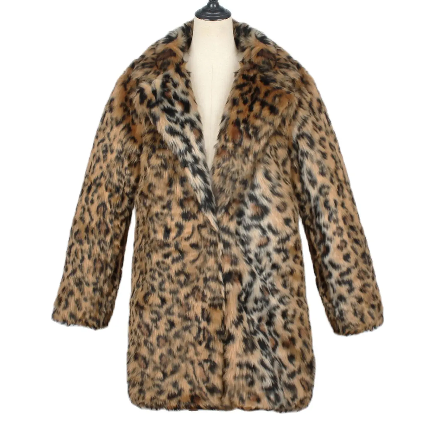 

F0244 European and American Autumn and Winter Faux Fur Women's Suit Collar Leopard Print Overcoat Long Sleeve Plush Coat