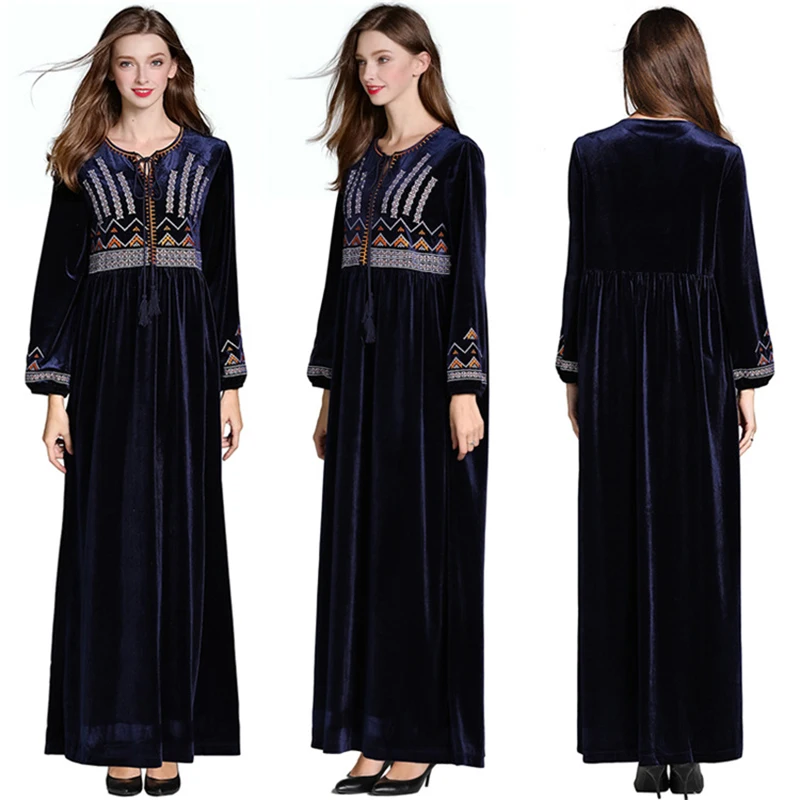 2019 женское длинное синее мусульманское платье с длинным рукавом велюровое с вышивкой Дубаи свободные платья Арабская Повседневная