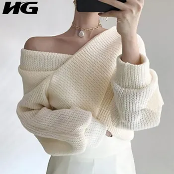 

HG Cross Personality Pullovers Women 2020 Autumn Tide Fashion New Streetwear Style Long Lantern Sleeve Off Shoulder Top ZP3176