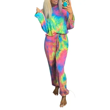 

European and American Home Pajamas Women's Tie-dye Printing Long-sleeved Hooded Loose Casual Suit