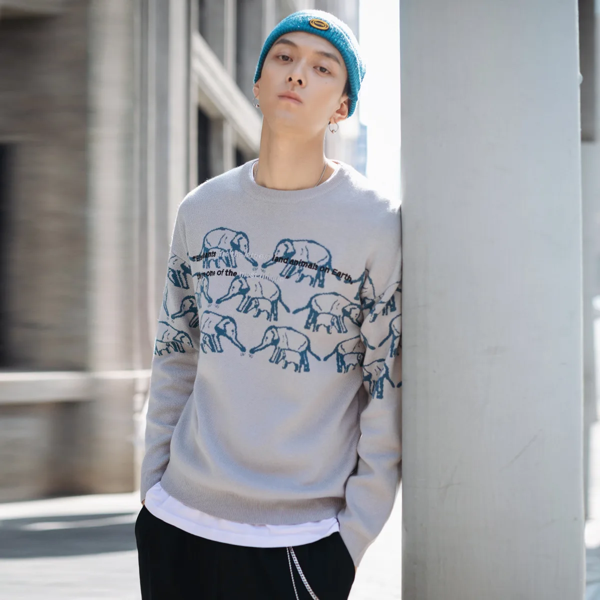 

2019 Autumn New Style Pullover Sweater Men's Japanese-style Fashion Elephant Jacquard Gray Round-collar Base Sweater Men's