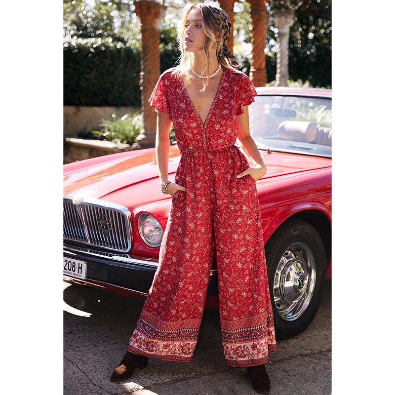 

KIYUMI Boho Rompers Womens Jumpsuit 2019 Autumn Retro Floral Print Summer Short Sleeve V-neck Casual Overalls Wide Leg Jumpsuits