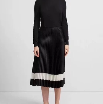 

2020 Spring New Women's Double Satin black and white Contrasting Pleated long skirt