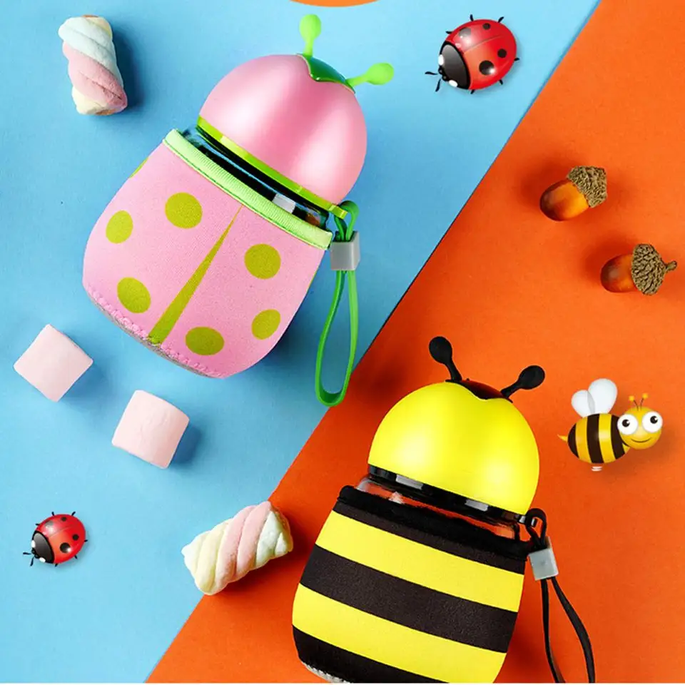 300ml Bottiglia Di Acqua Di Scuola Per Bambini Bere Tazza Di Cartone Animato Ape Coccinella Di Vetro Portatile Bere Bollitore Regalo Con Coperchio Di Protezione Auto Cop Bottiglie Per Acqua Aliexpress