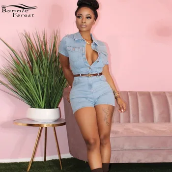 

Bonnie Forest Fashion Turndown Collar Denim Jumpsuit Short Women Romper Without Belt Casual Jeans Overalls Party Club Combishort
