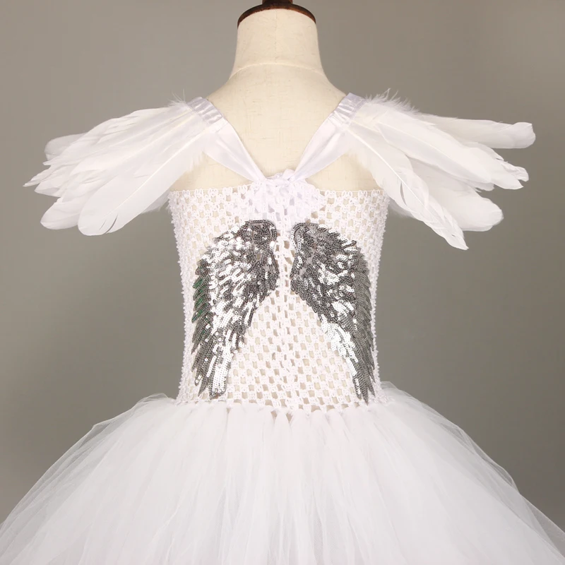 Girls White Heavenly Angel Tutu Dress with Halo & Sequin Angel Wings Back Children Halloween Fancy Dress Up Christmas Costume (6)