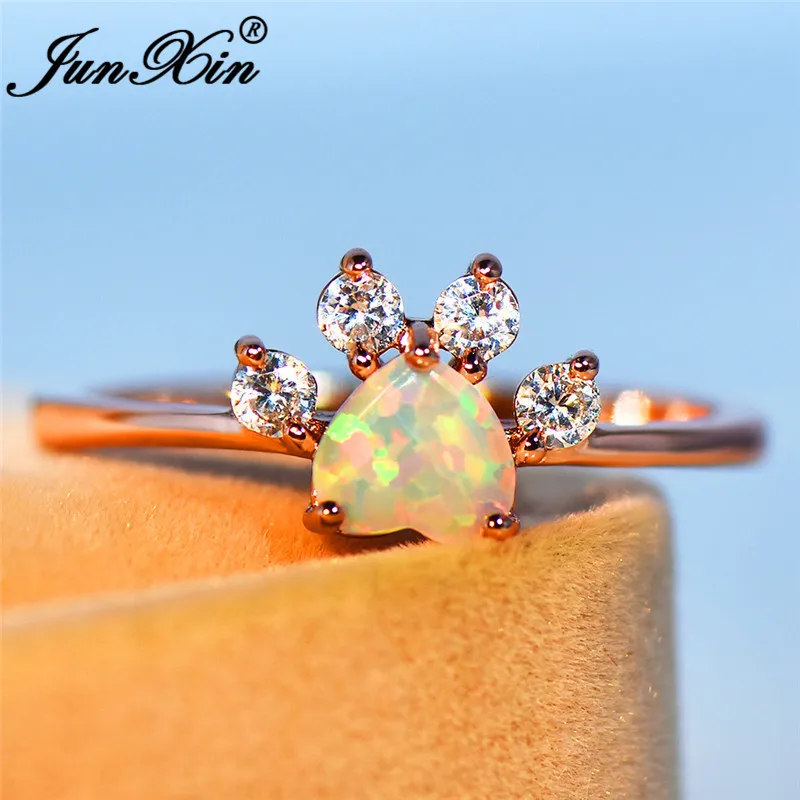Dainty Rainbow Animal Bear Dog Cat Paw Rings For Women Rose Gold Blue White Purple Fire Opal Ring Wedding Band Thin Ring Jewelry