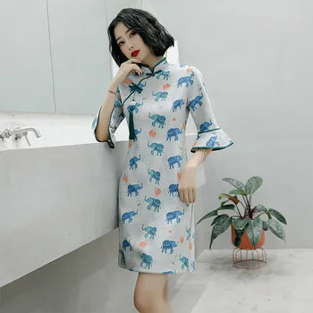 

Vintage Button Mini Sexy Female Cheongsam Half Sleeve Mandarin Collar Evening Party Dress Print Elephant Pink Velour Qipao