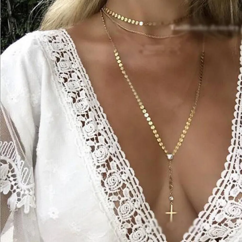 

Simple Design Gold Color Cross Choker Long Necklaces & Pendants For Women Crystal Sequins Pendant Multilayer Necklace Chokers