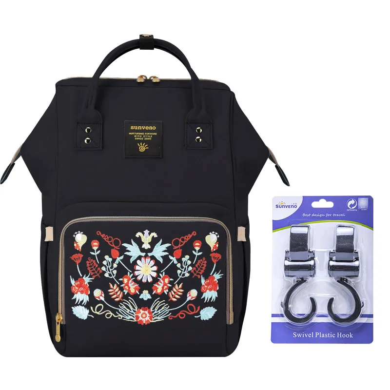 Flower black hook Sunveno, брендовая водонепроницаемая сумка для подгузников, большая сумка для кормления, сумка для подгузников для беременных, дорожный рюкзак для ребенка, сумка для коляски, сумка для ухода за ребенком - Цвет: Flower black hook