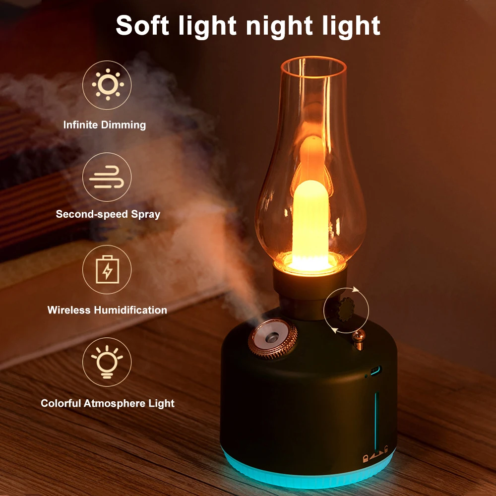 

LED Retro Night Light 7 Color Lights Cool Mist Air Humidifier Wireless Aroma USB Rechargeable Essential Oil Diffuser