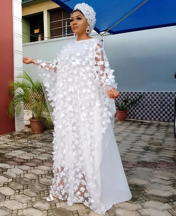 Супер размер мода Свободный стиль цветок кружева женское длинное платье Bustline 220 см африканские женские Дашики платья не совпадают шарф - Цвет: Белый