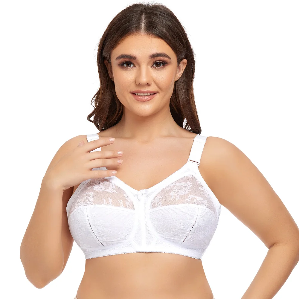 Women Bra Unlined White Plus Size Lace Bra Full Coverage Ultra Thin Wireless Adjusted-straps Big Minimizer Bras D E F G H I