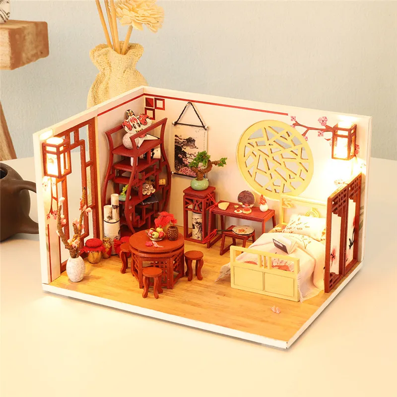 Деревянное ремесло игрушка 3D деревянные DIY Миниатюрные домики мебель светодиодный Дом головоломка украшения творческие подарки#4AA16