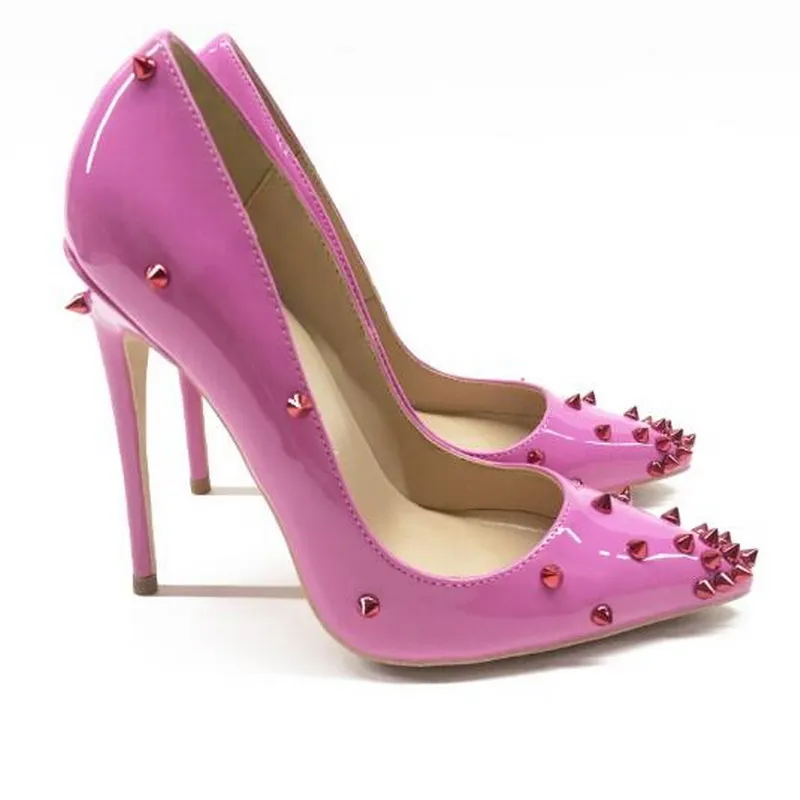 

Red Rivets Women Sexy High Heels Pointed Toe Slip on Punk Studs Fashion Ladies Club Party Pumps Wedding Bridal Shoes Rose Pink