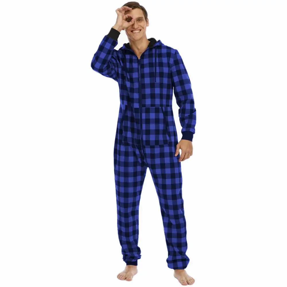 Plaid Printing Onesies Men Hoodies Jumpsuit Casual Long Sleeve Pajamas Zipper Splicing Overalls Autumn Winter Male Streetwear