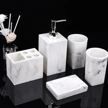 

5pcs Resin Bathroom Accessories Set Marble Texture Toothbrush Holder Liquid Soap Dispenser Soap Dish Tumblers