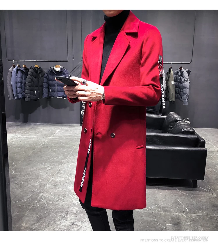 Модное зимнее шерстяное пальто, ветровка, повседневное тонкое длинное пальто, куртки для мужчин, тренчкот черного и красного цвета размера плюс 4xl