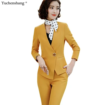 Yellow Pant Suit Женский костюм со штанами модный желтый женский Блейзер Женский костюм из двух предметов черный белый S-4XL для офиса леди - Цвет: Yellow Pant Suit