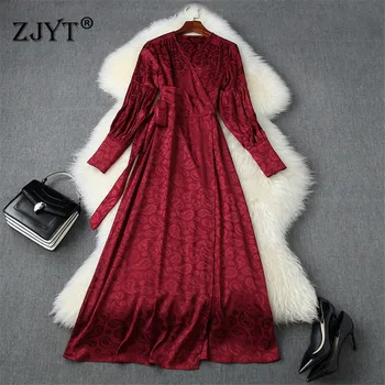 

2020 New Autumn Women Long Sleeve Fashion Clothes V Neck Bandage Split Aline Mid Calf Dress Party Vestidos