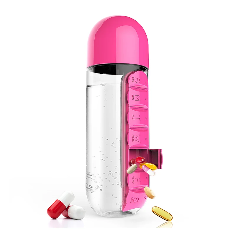 

1pc 600ml/20oz Water Bottle with Combine Daily Pill Box Organizer Kids Cute Portable Drink Bottle Cup with Pill Cutter Bpa Free