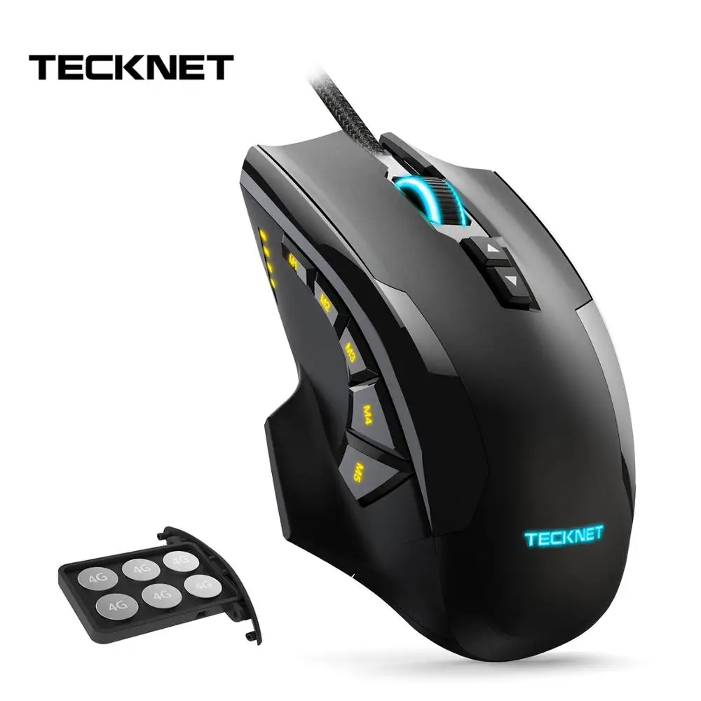 Tecknet 16400 Точек на дюйм игровой Мышь лазерной Мышь 10 программируемых макро Кнопка RGB Подсветка 3 светодиодные режимы проводной MMO компьютер мыши компьютерные - Цвет: Black