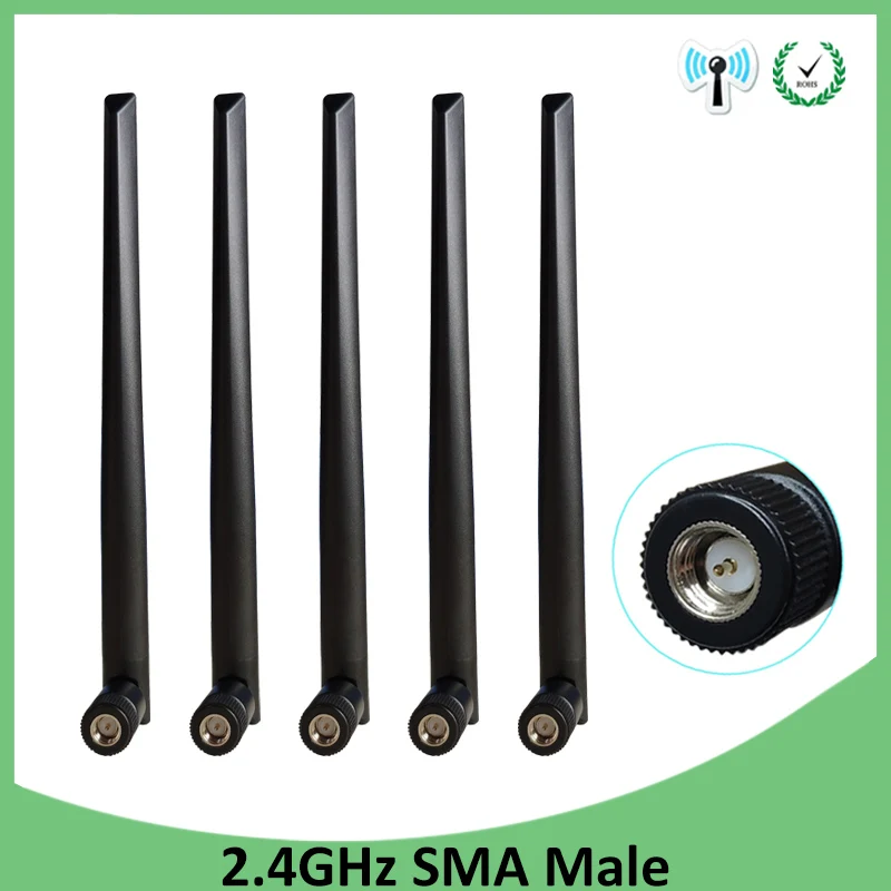 Grandwisdom 5pcs 2.4G antenna 5dbi sma male wlan wifi 2.4ghz antene pbx iot module router signal receiver antena high gain 433mhz wireless module antenna 10dbi high gain sucker aerial 3m cable sma male rf sma adapter sma female to rp sma female