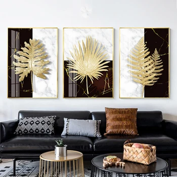 

white and black rift background with golden leaves Modern decorative Canvas Wall Art Poster for hotel room office decor picture