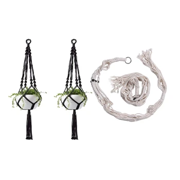 

4 Pieces Plant-Linked Indoor and Outdoor Hanging Flowerpot Basket Cotton Rope, Garland Plant Stand Black & White