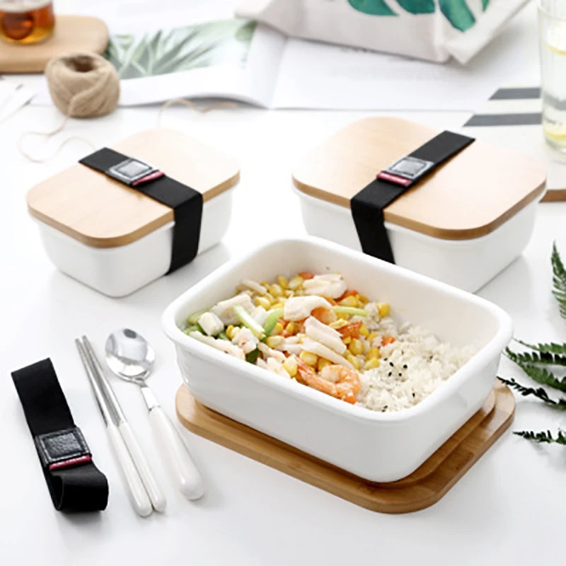 Microwavable Ланч-бокс бамбуковый керамический Bento box Теплоизоляционный контейнер для хранения еды