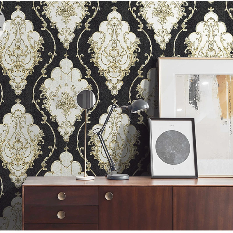 European Luxury Retro Black Damascus Gold Foil Pvc Wall Stickers Living