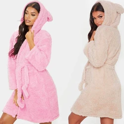 SAPJON Winter Women Flannel Bathrobe Thick Warm Robe Casual V Neck Long Sleeve Bath Robes Coat Unisex Hooded Sleepwear