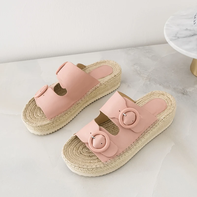 

Women's genuine leather platform flats sandals double zip open toe summer slides high quality casual daily mules shoes for women