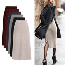 Женская трикотажная юбка миди с высокой талией, Зимняя Теплая юбка, посылка, юбки в рубчик