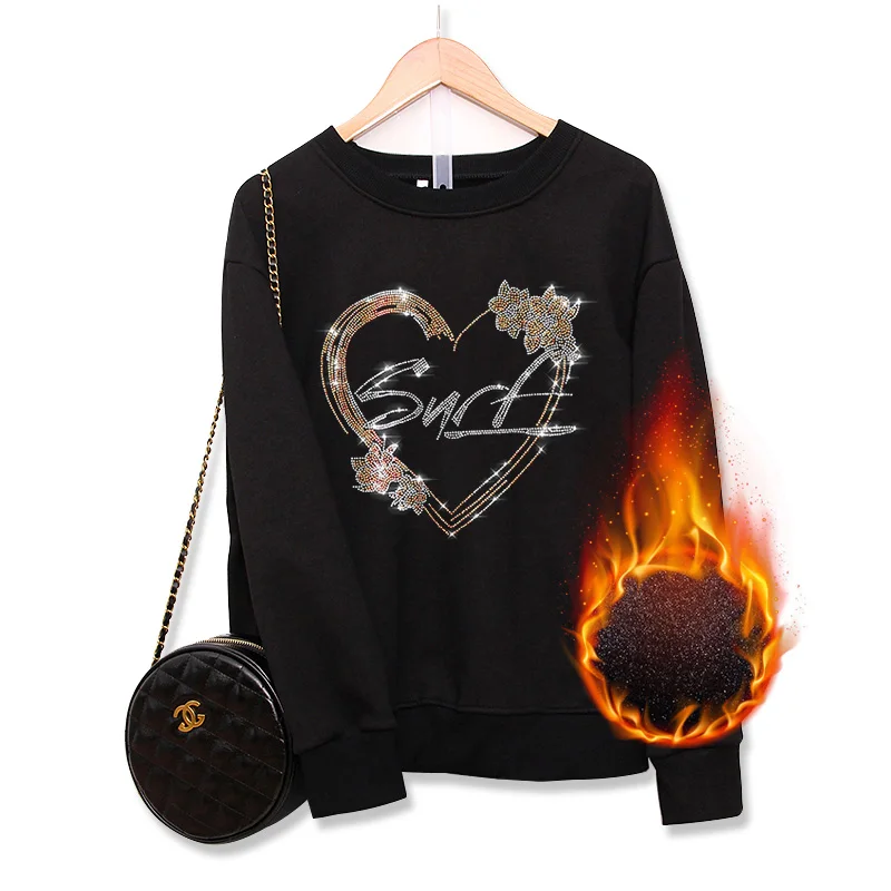 

Зимние черные, сохраняющие тепло, свободные кофты, женские утолщенные флисовые толстовки с сердечком, женские топы с горячими бриллиантами, пуловеры